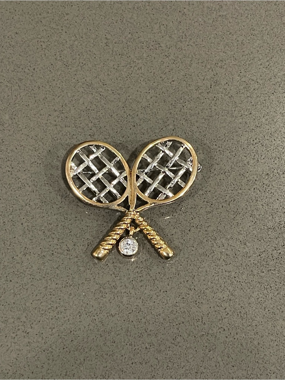 Gold and Silver Tennis Racket Brooch with Clear Crystal Accent (Vintage/Signed)